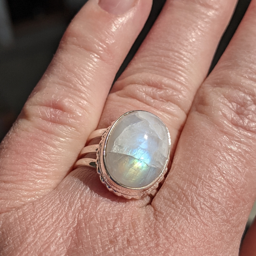 Natural Rainbow Moonstone 925 Silver Ring size 7.5 - Picture 3 of 13